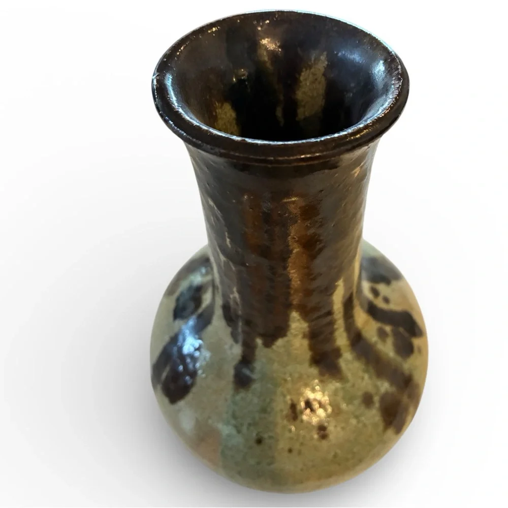 Ceramic Vase Vtg Brown Green Tan Drip Glaze Very Heavy 4.6LBS No Flaws Felt Feet